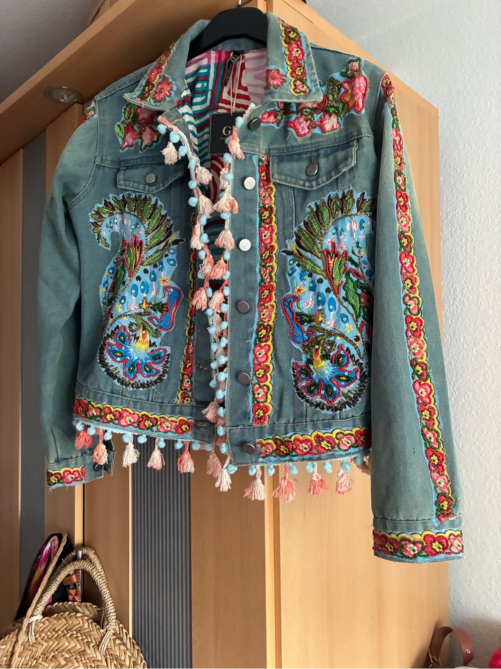 BOHO Embroidered Turquoise Denim Jacket with Tassels